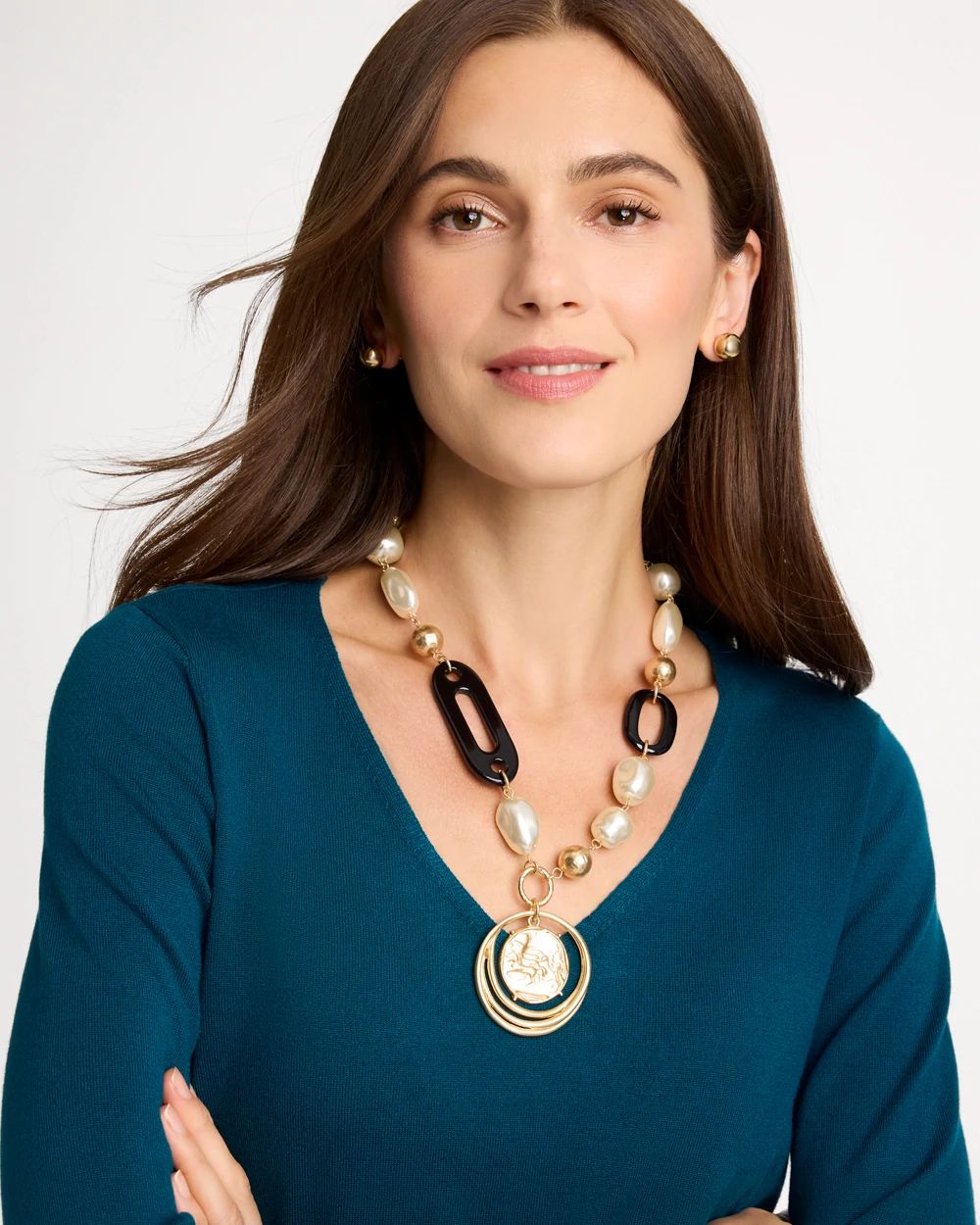 Black Bead Faux Pearl Pendant Necklace click to view larger image.