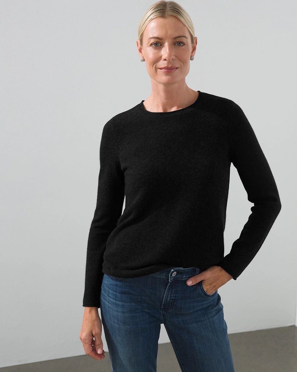 Roll-Trim Cashmere Crew Pullover