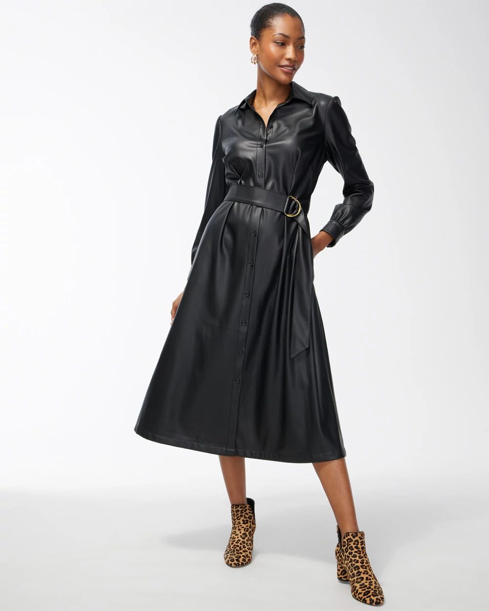Faux Leather Shirt Dress