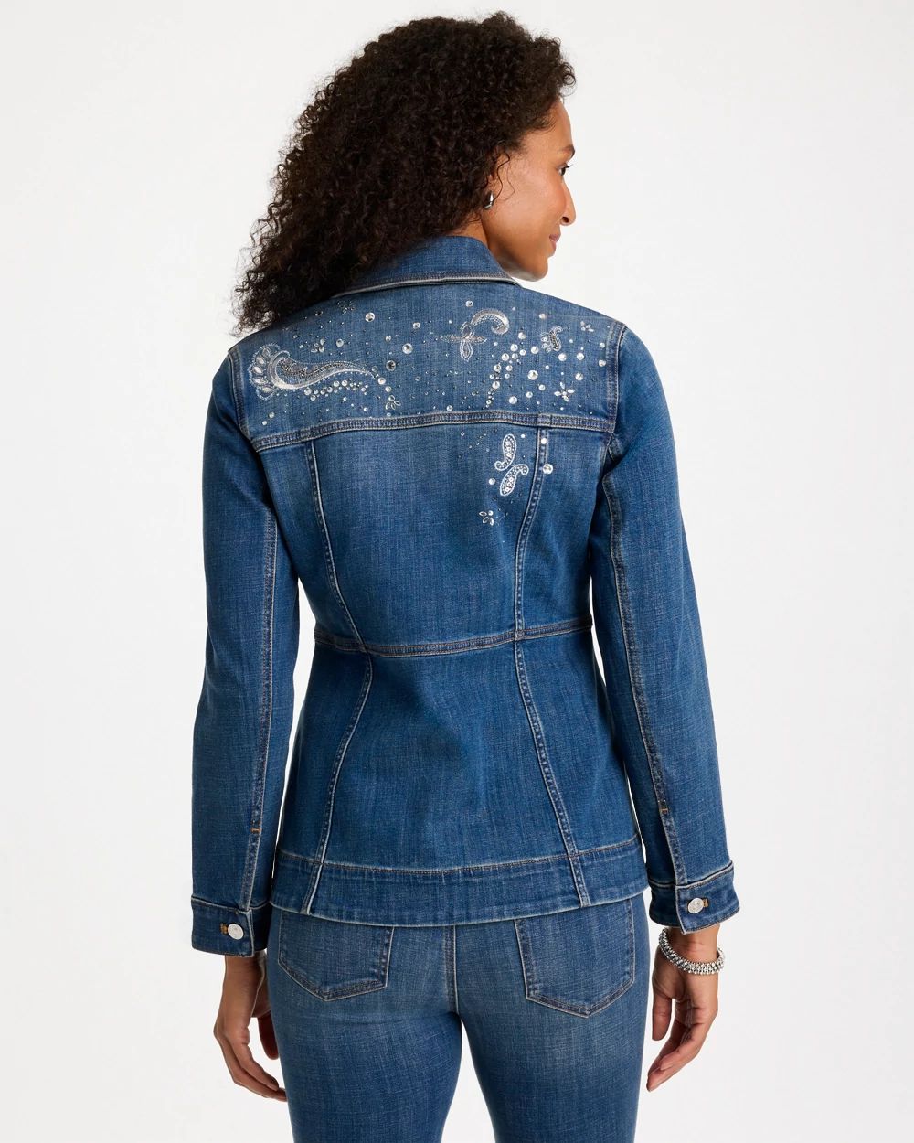 Embellished Denim Peplum Jacket click to view larger image.