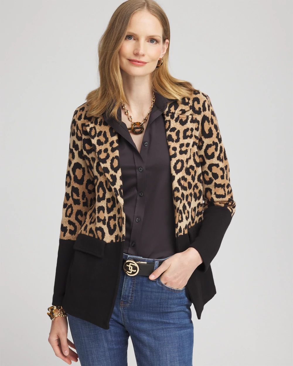 Leopard Color Block Sweater Blazer