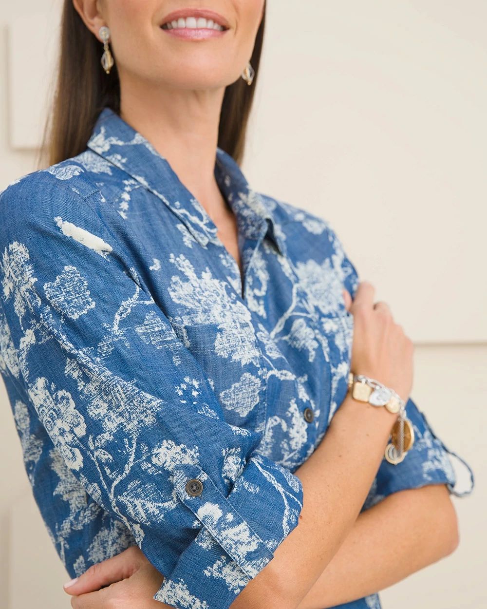 Floral Print Denim Maxi Shirt Dress