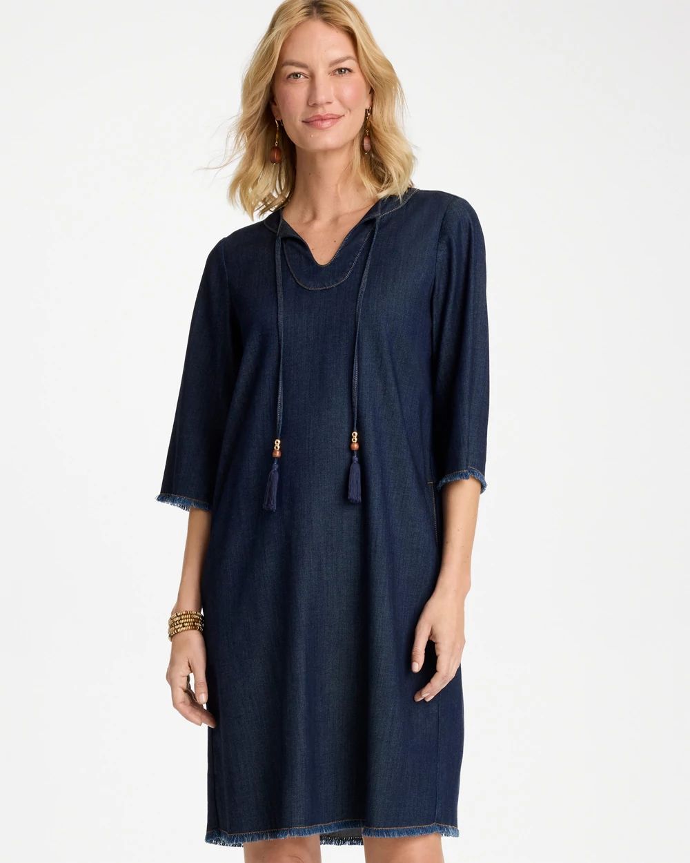 Denim Frayed Knee-Length Dress click to view larger image.