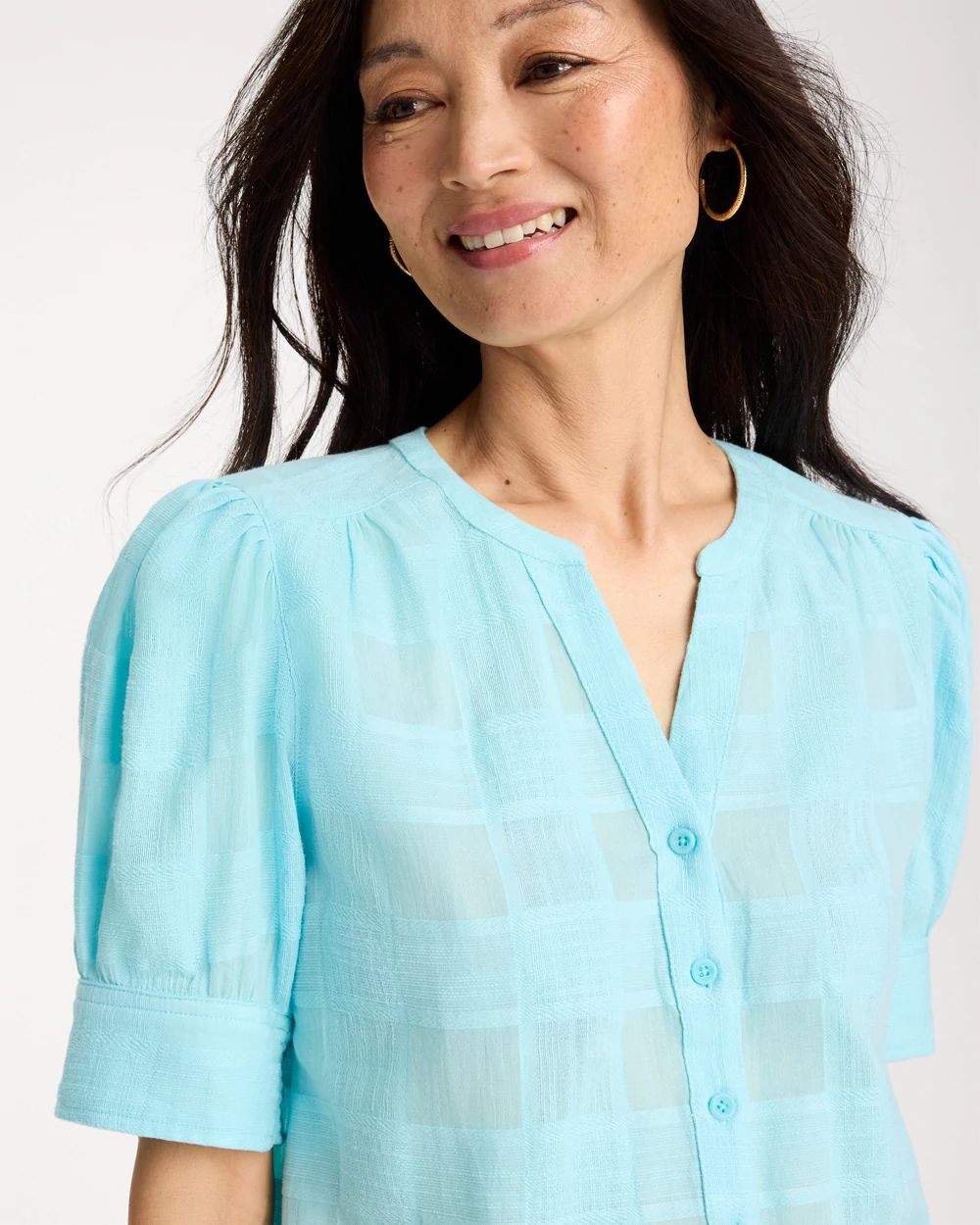 Cotton Plaid Elbow-Sleeve Shirt click to view larger image.
