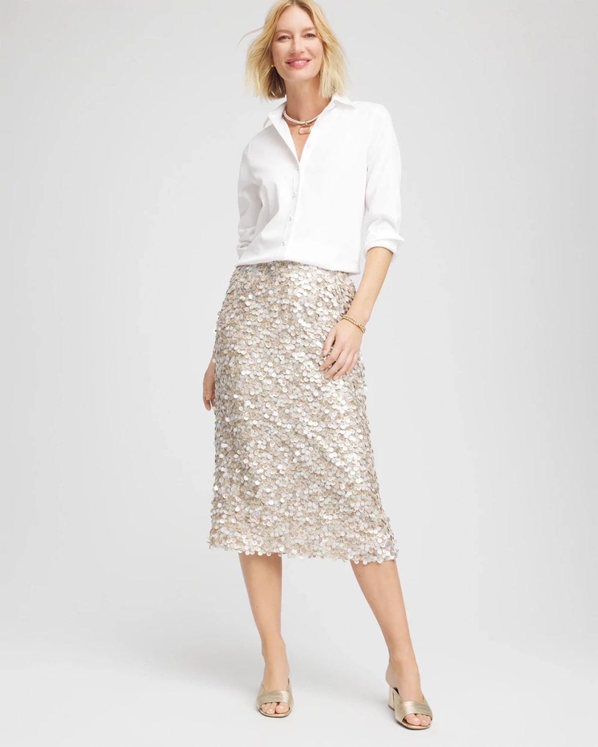Chico's Sequins Party Pencil Skirt In Champagne Fizz In Gold