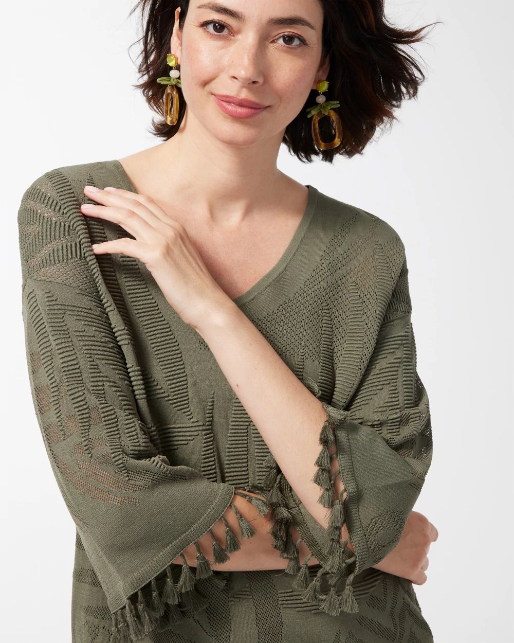 Palm Print Fringe Pullover Top
