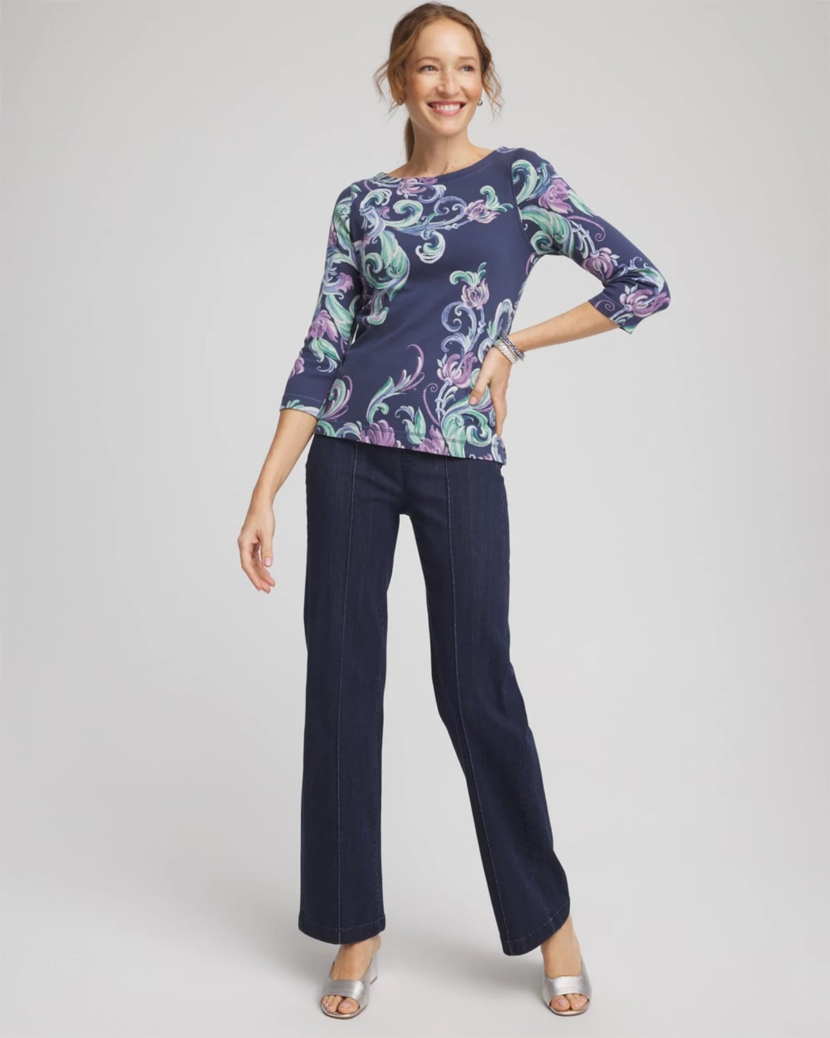 Chico's Pima 3/4 Sleeve Tee In Teal Shadow In Blue