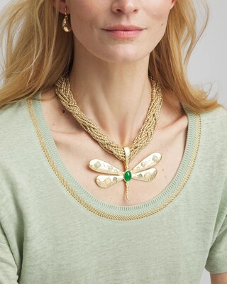 Gold-Tone Green Stone Dragonfly Pendant Necklace click to view larger image.