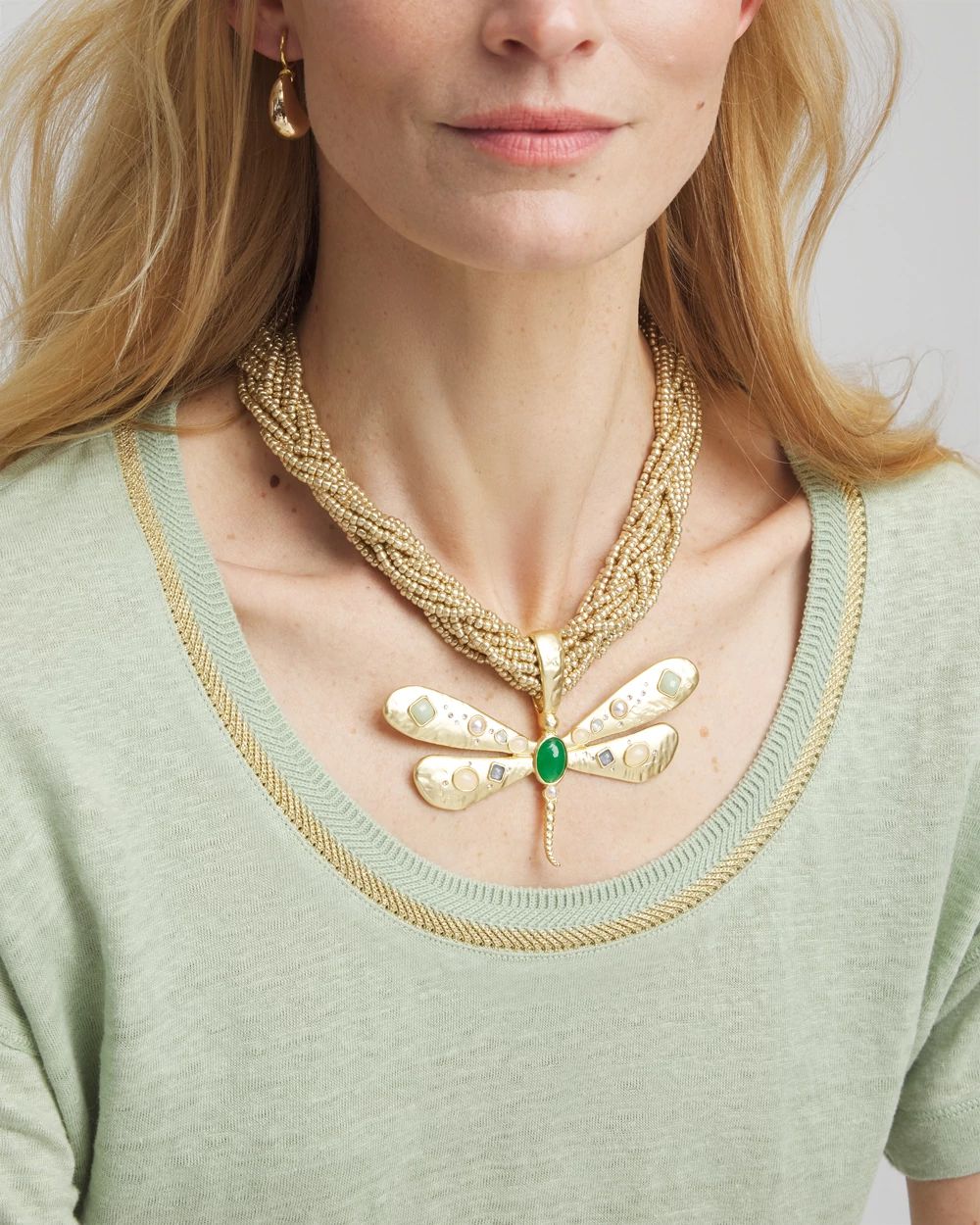 Gold-Tone Green Stone Dragonfly Pendant Necklace