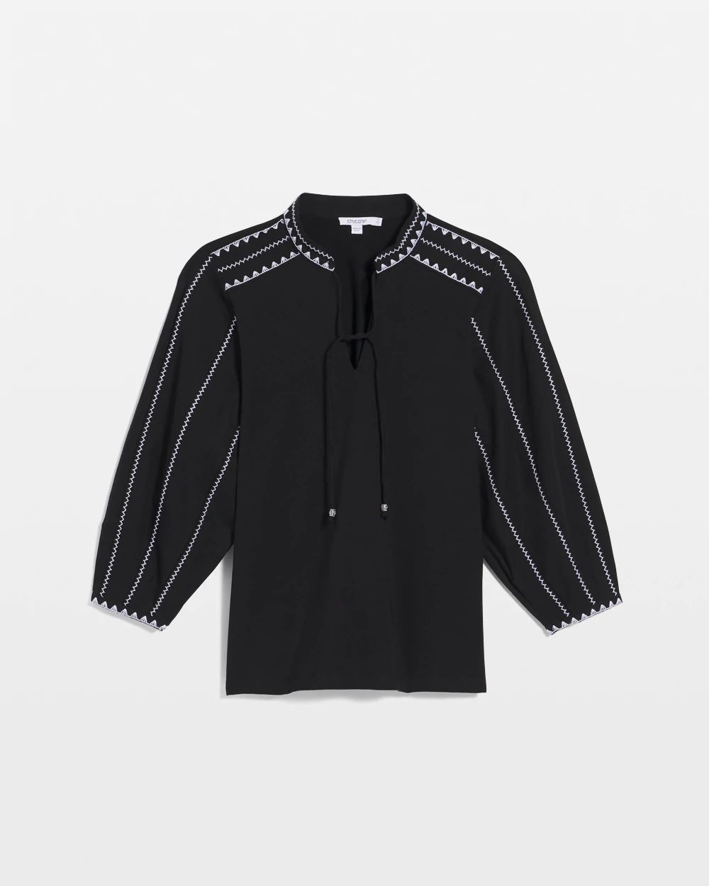 Embroidered Pintuck Lantern-Sleeve Top