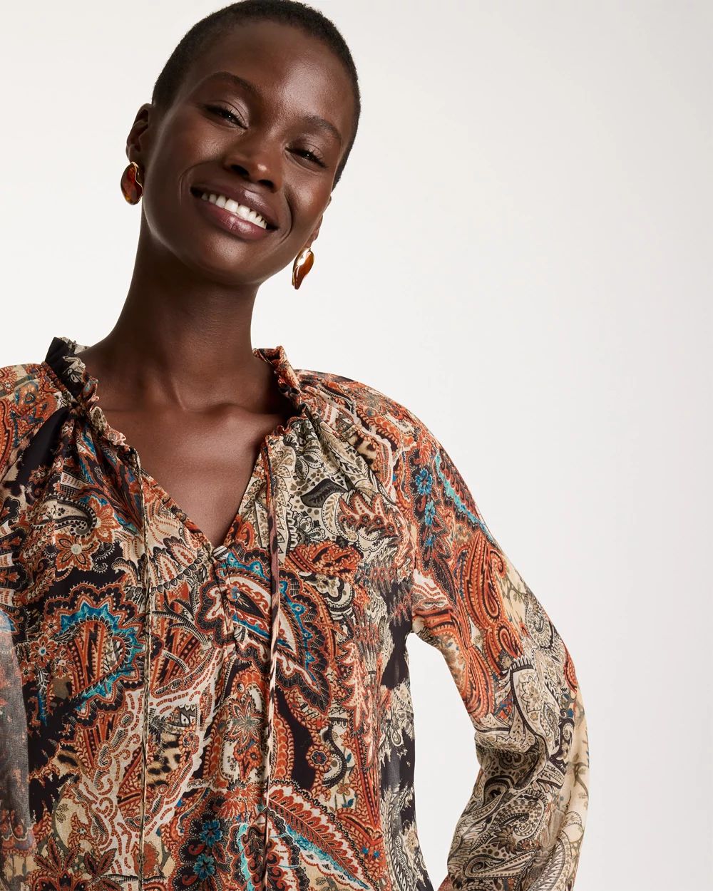 Printed Georgette Ruffled Tie-Neck Blouse click to view larger image.