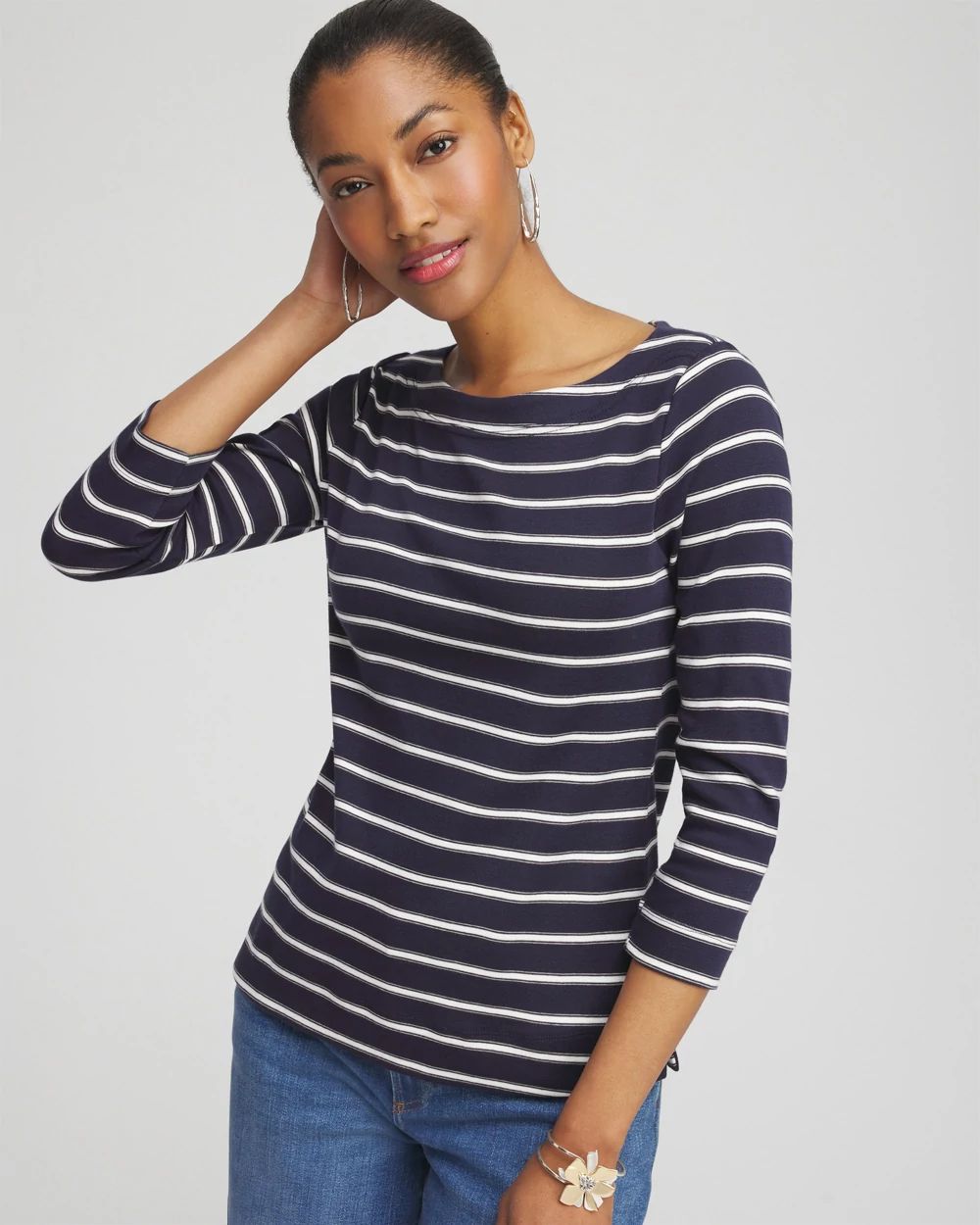 Stripe 3/4 Sleeve Bateau Neck Tee