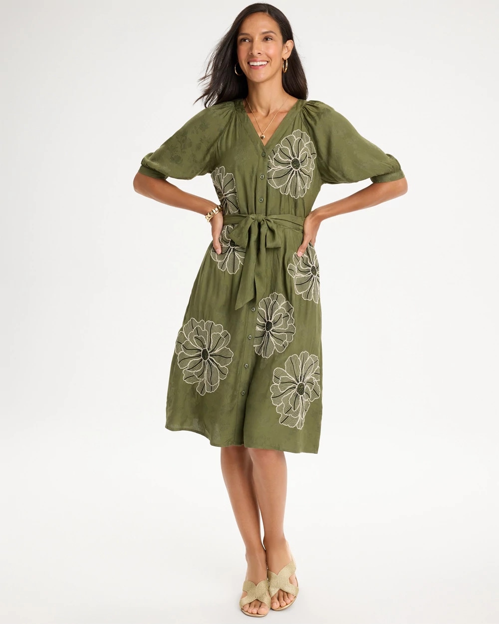 Embroidered Jacquard Belted Dress