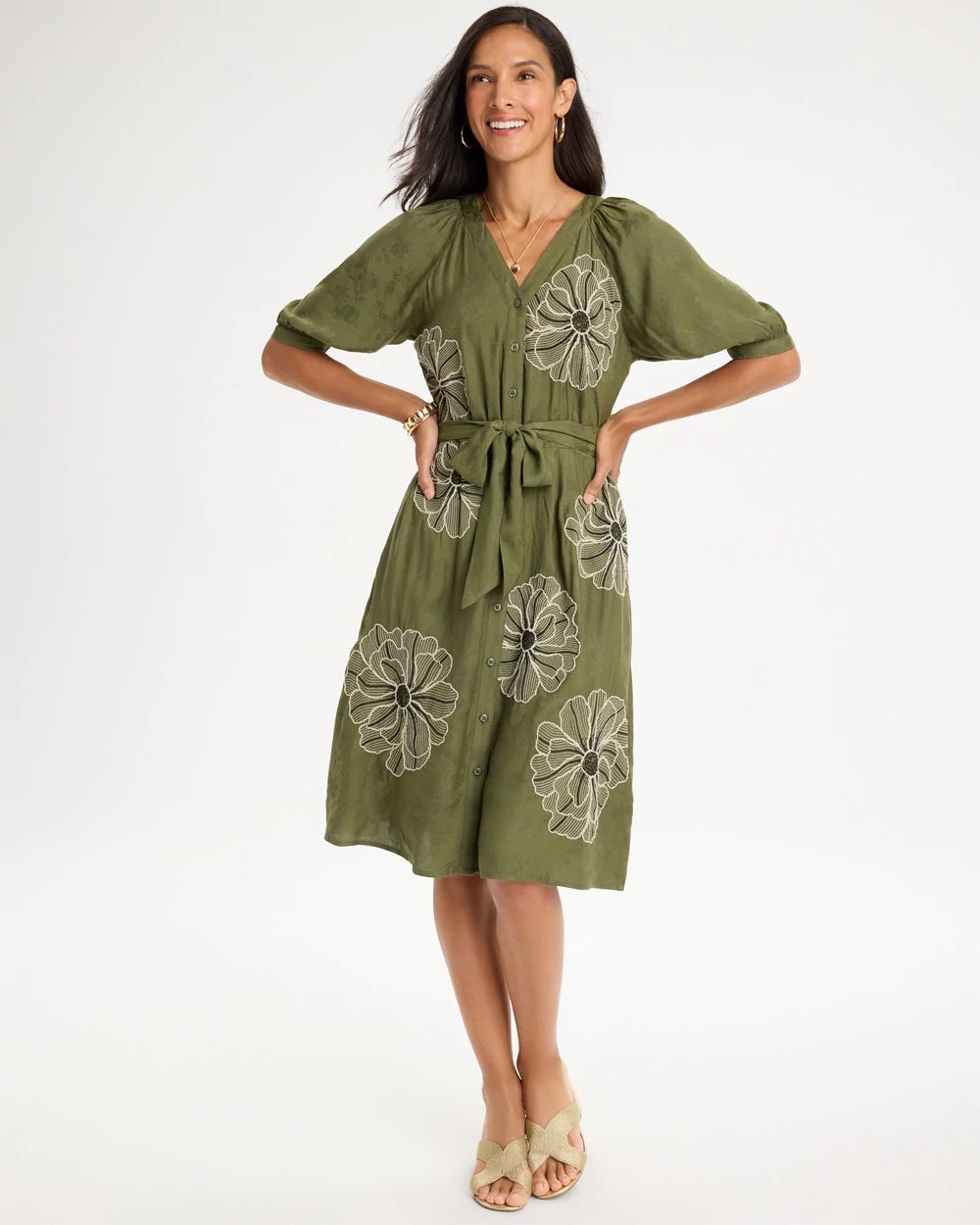 Embroidered Jacquard Belted Dress click to view larger image.