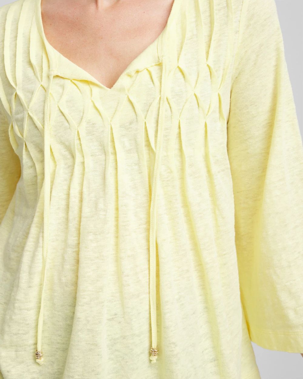 Pintuck Tie-Front Notched-Neck Tee