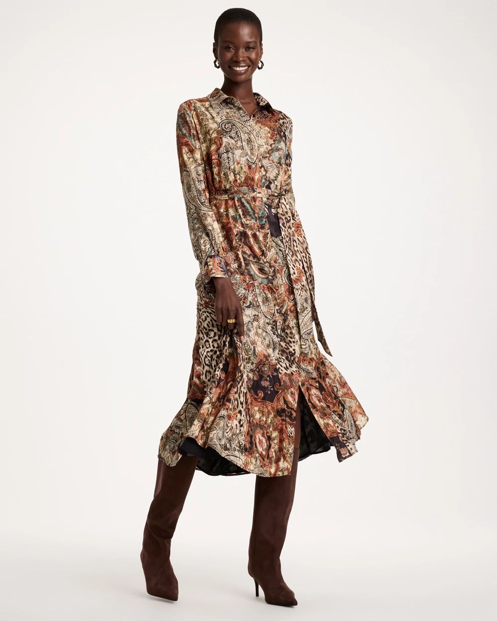 Crinkle Chiffon Godet Printed Shirtdress click to view larger image.