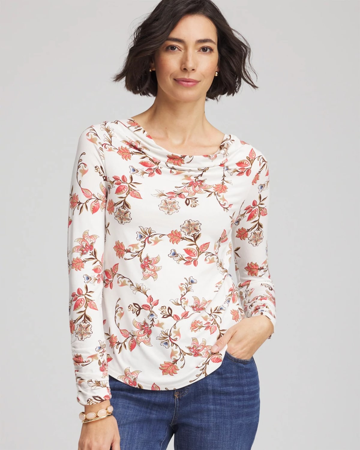 Chico's Touch Of Cool Long-sleeved Cowlneck Tee In White In Neutral