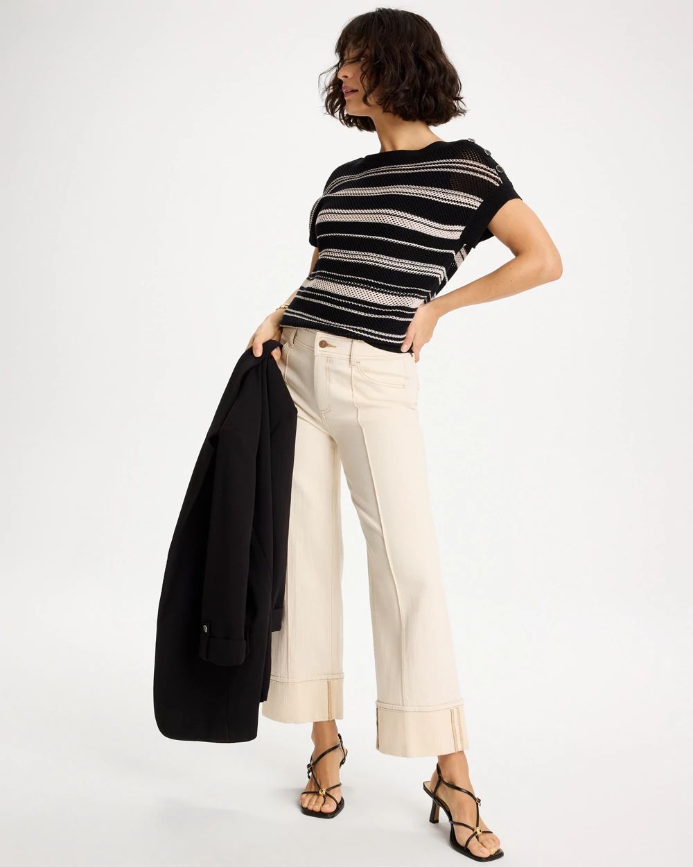 Striped Mesh Stitch Pullover Sweater click to view larger image.