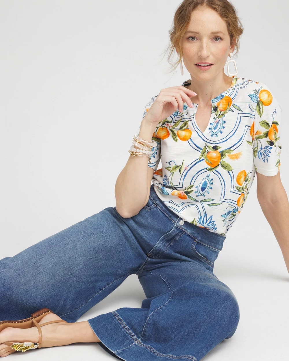 Tropical Print Notch Neck Tee