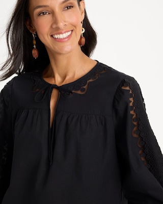 Poplin Cotton Lace Tie-Front Blouse click to view larger image.