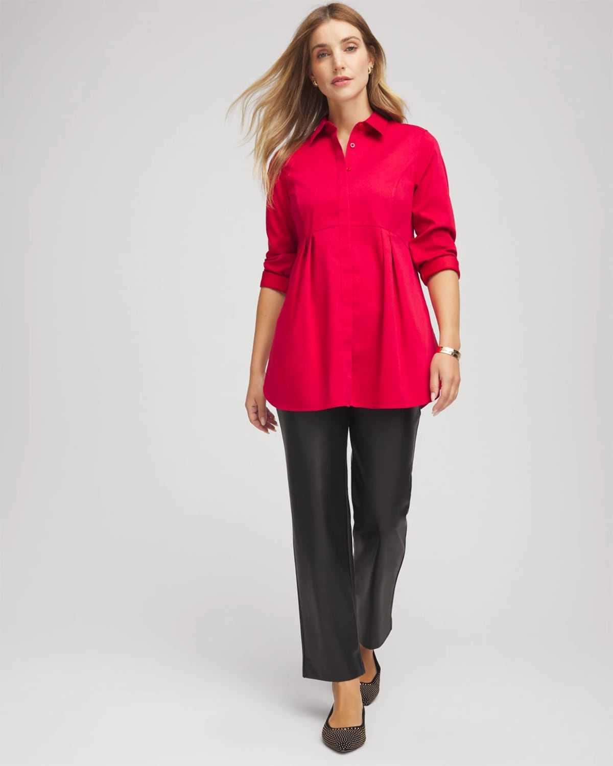 Chico's No Iron Peplum Pleated Shirt In Carmine Red In Red