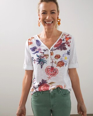 Floral Henley Elbow Sleeve Slub Tee