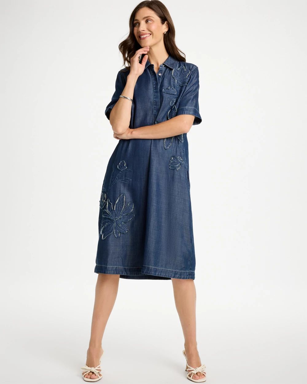 Embellished Denim Knee Length Dress click to view larger image.