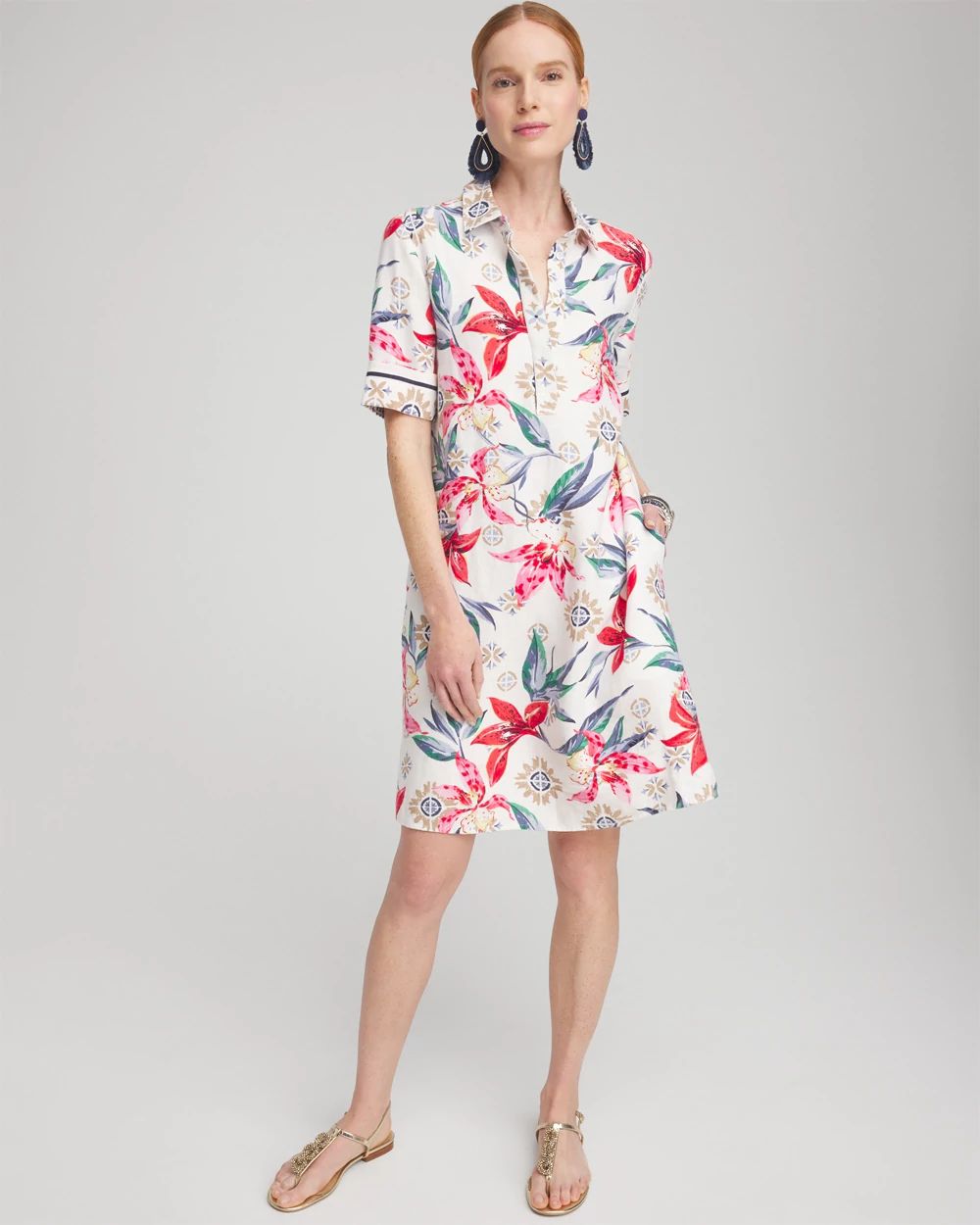 Linen Floral Popover Shirt Dress