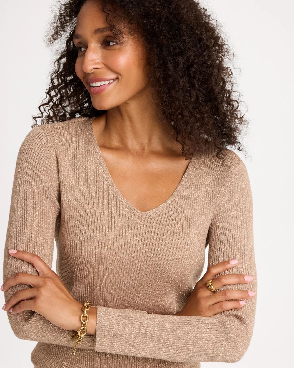 Ella Ribbed V-Neck Pullover Sweater click to view larger image.