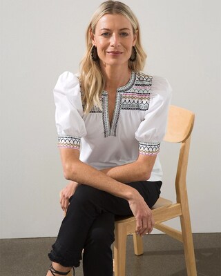 Embroidered Henley Puff Sleeve Tee