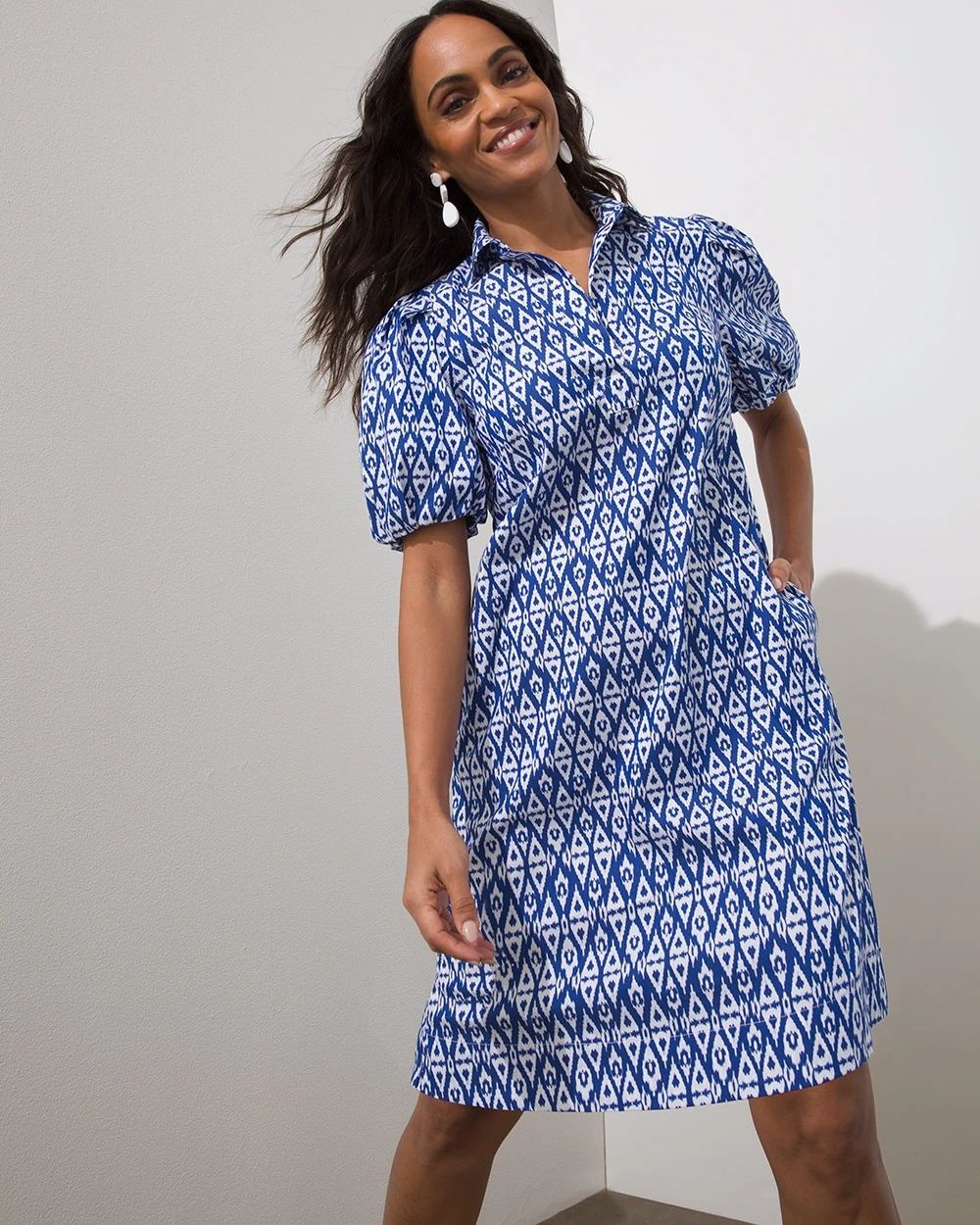 Poplin Ikat Balloon Sleeve Dress