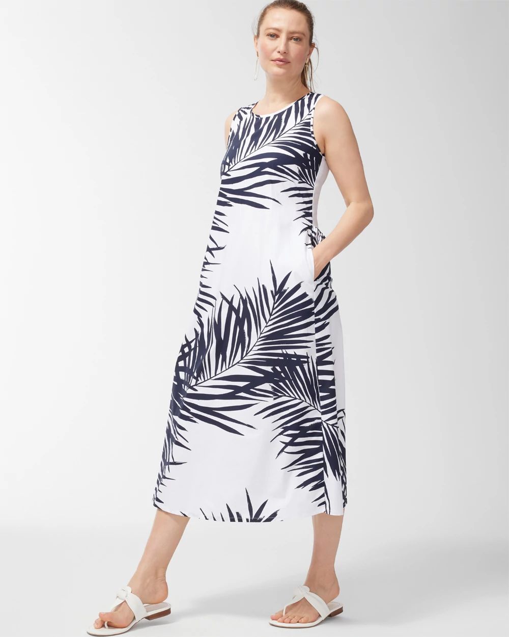 Palm Print Back Tier Midi Dress
