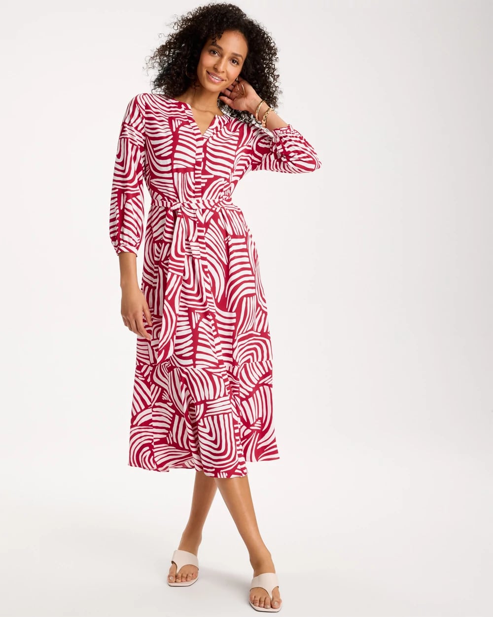 chico's shirt dress Women's Printed Midi Shirt Dress in Cherry Lush size 4/6-Small