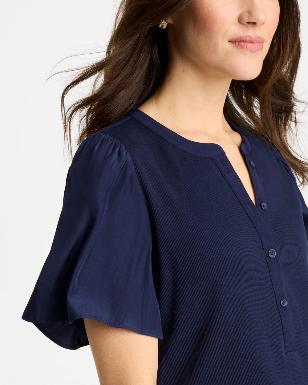 Rib Knit Woven Flutter Sleeve Tee click to view larger image.