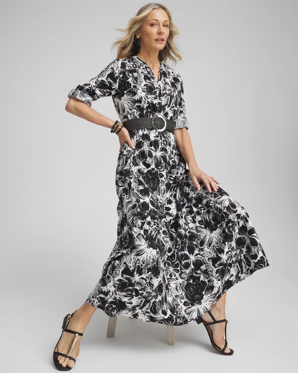 Cotton Roll Tab Sleeve Maxi Dress