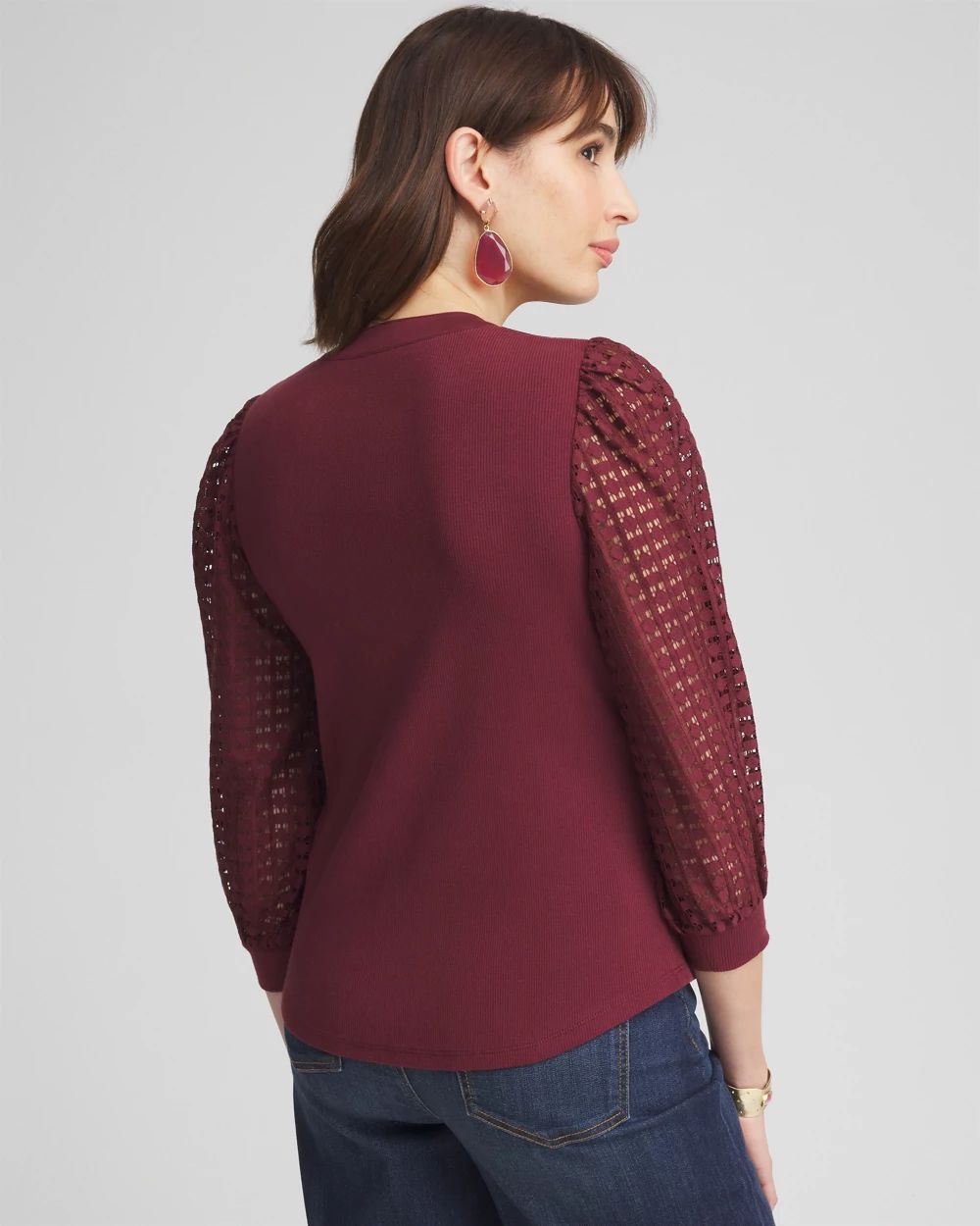 Split Neck Lace Sleeve Top click to view larger image.