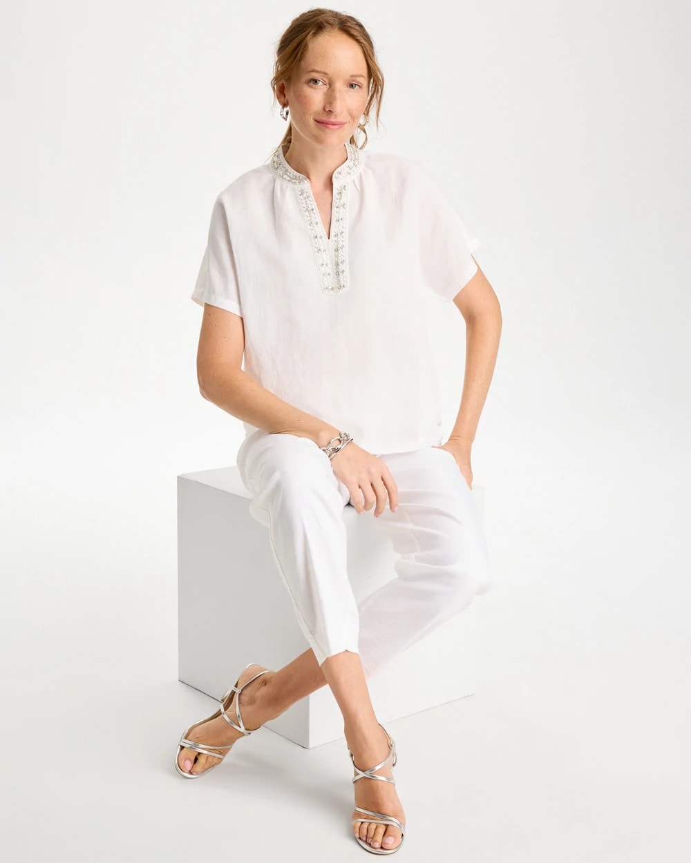 Linen Embellished Popover Top