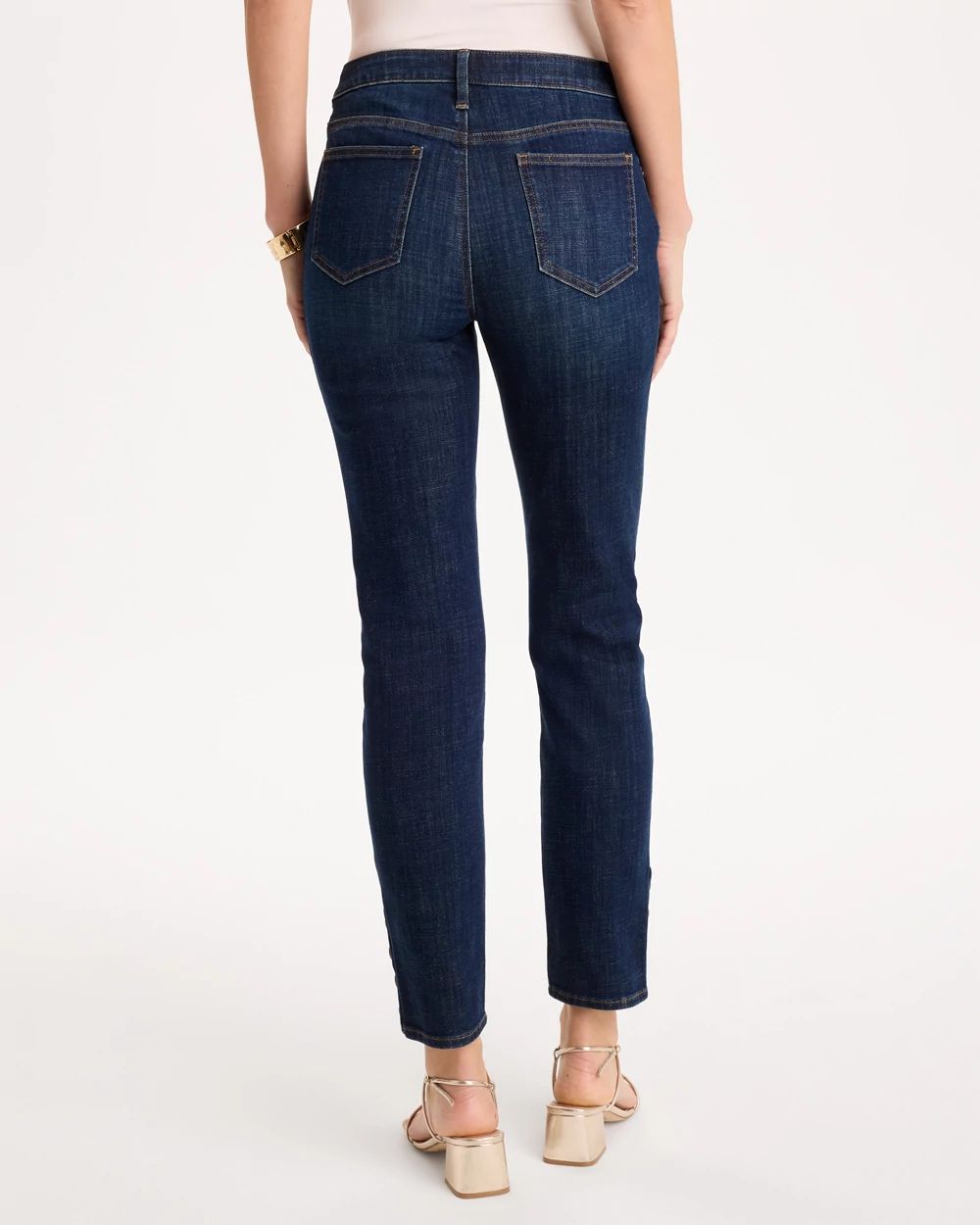 Girlfriend Slim Faux Leather Hem Ankle Jeans click to view larger image.