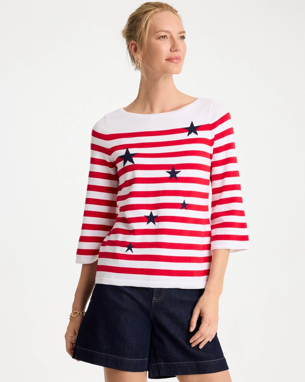 Cotton-Blend Americana Striped Intarsia Sweater click to view larger image.
