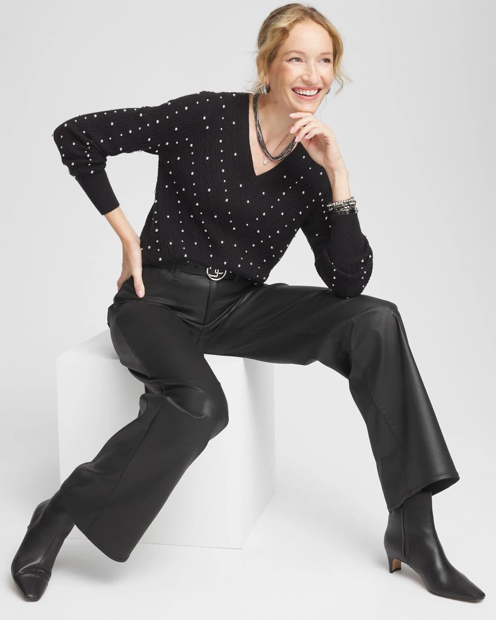 Studded V-Neck Pullover Sweater click to view larger image.
