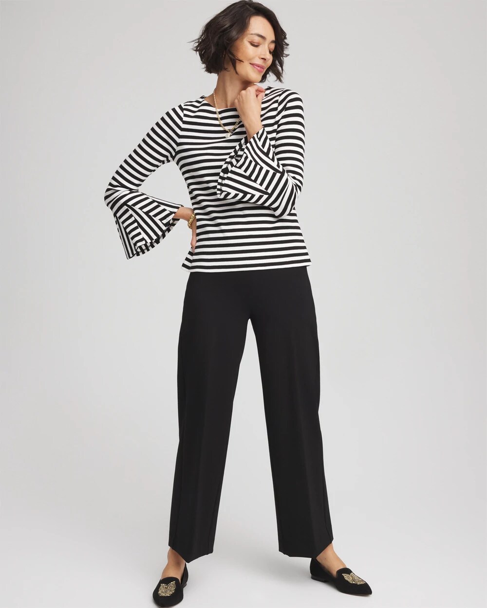 Ribbed Godet Flutter-Sleeve Top