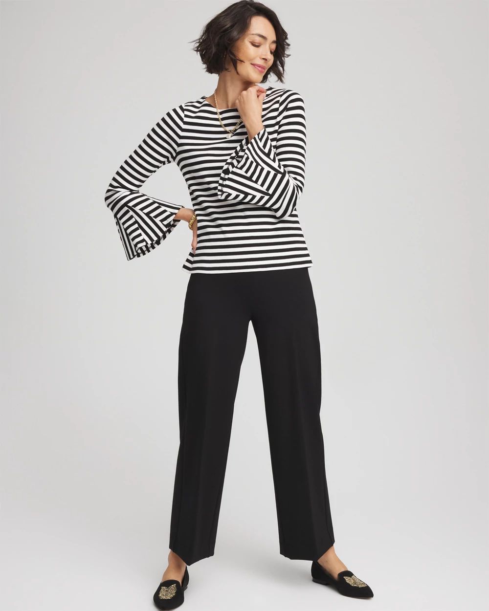 Ribbed Godet Flutter-Sleeve Top
