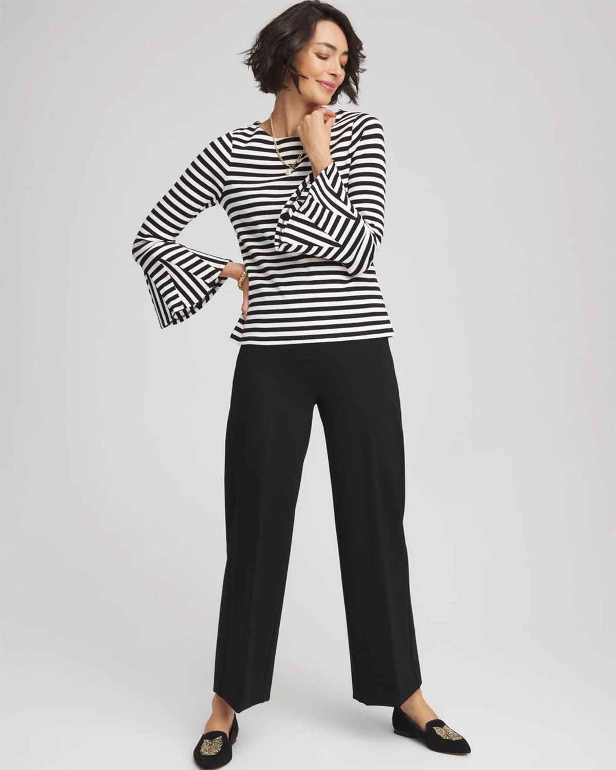Chico's Ribbed Godet Flutter-sleeve Top In Black In Black