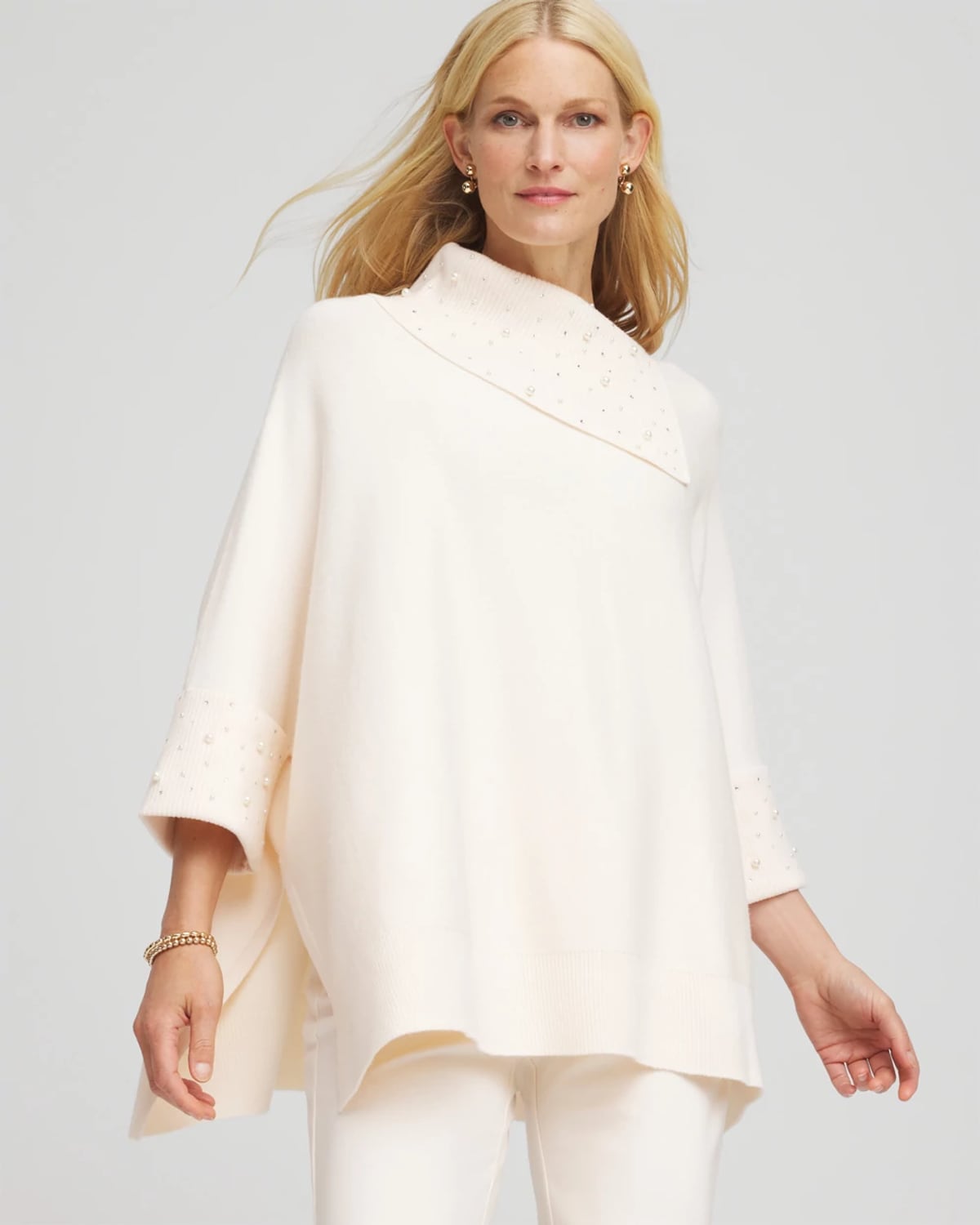 Chico's Embellished Sweater Poncho In Cream In White