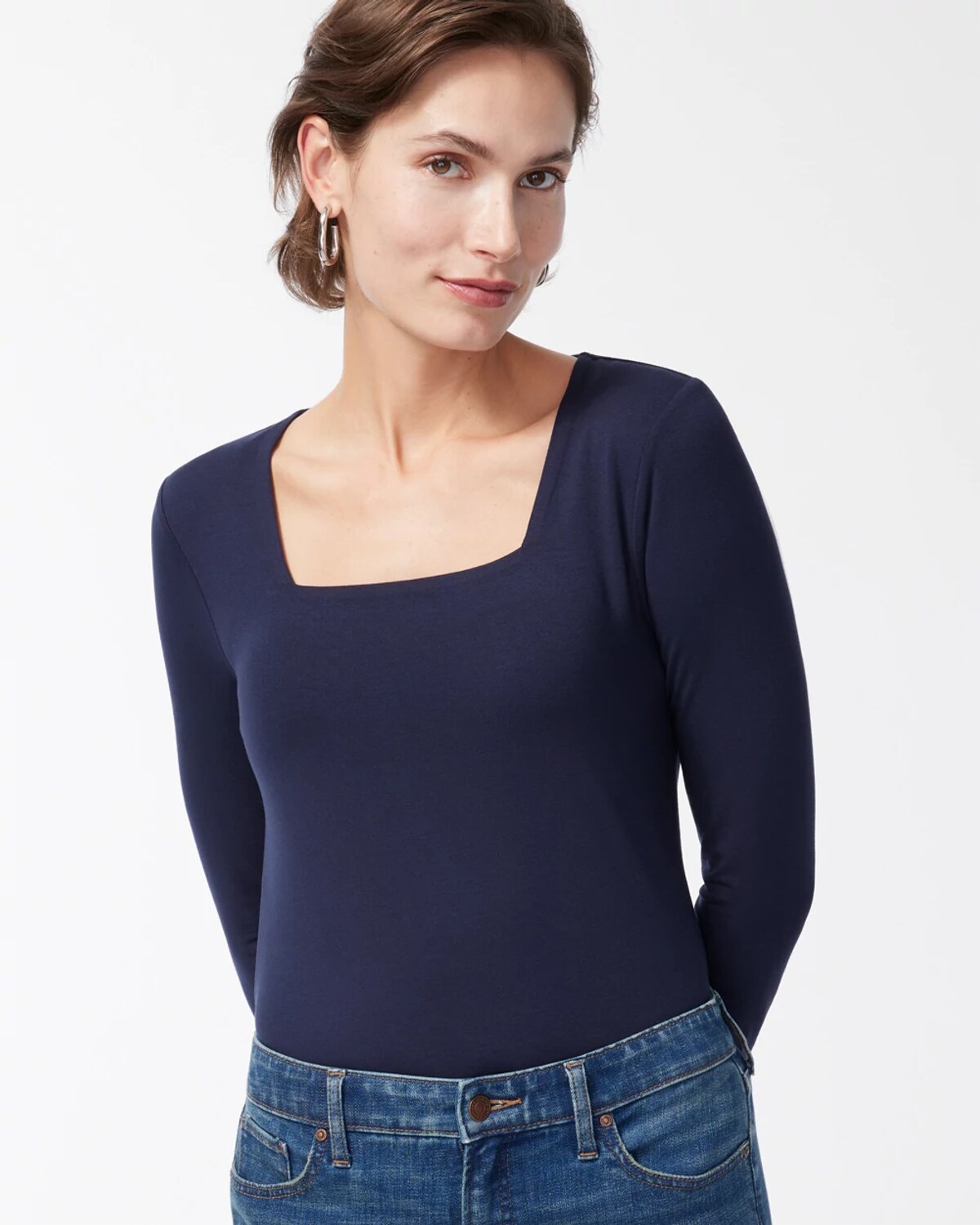 Chico's Touch Of Cool Square Neck Tee In Blue Size 8/10 | In Navy Blue