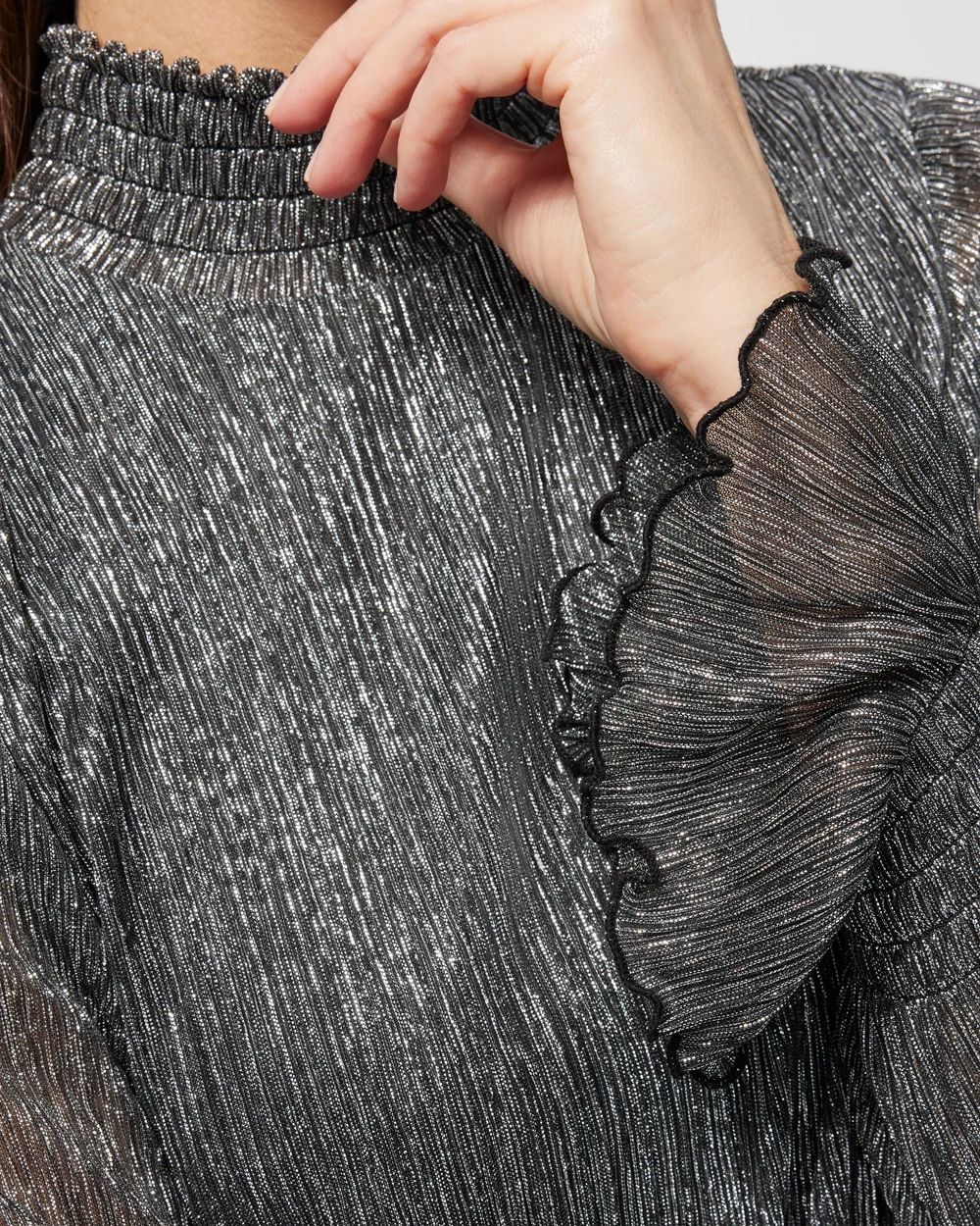 Mock Neck Metallic Crinkle Top