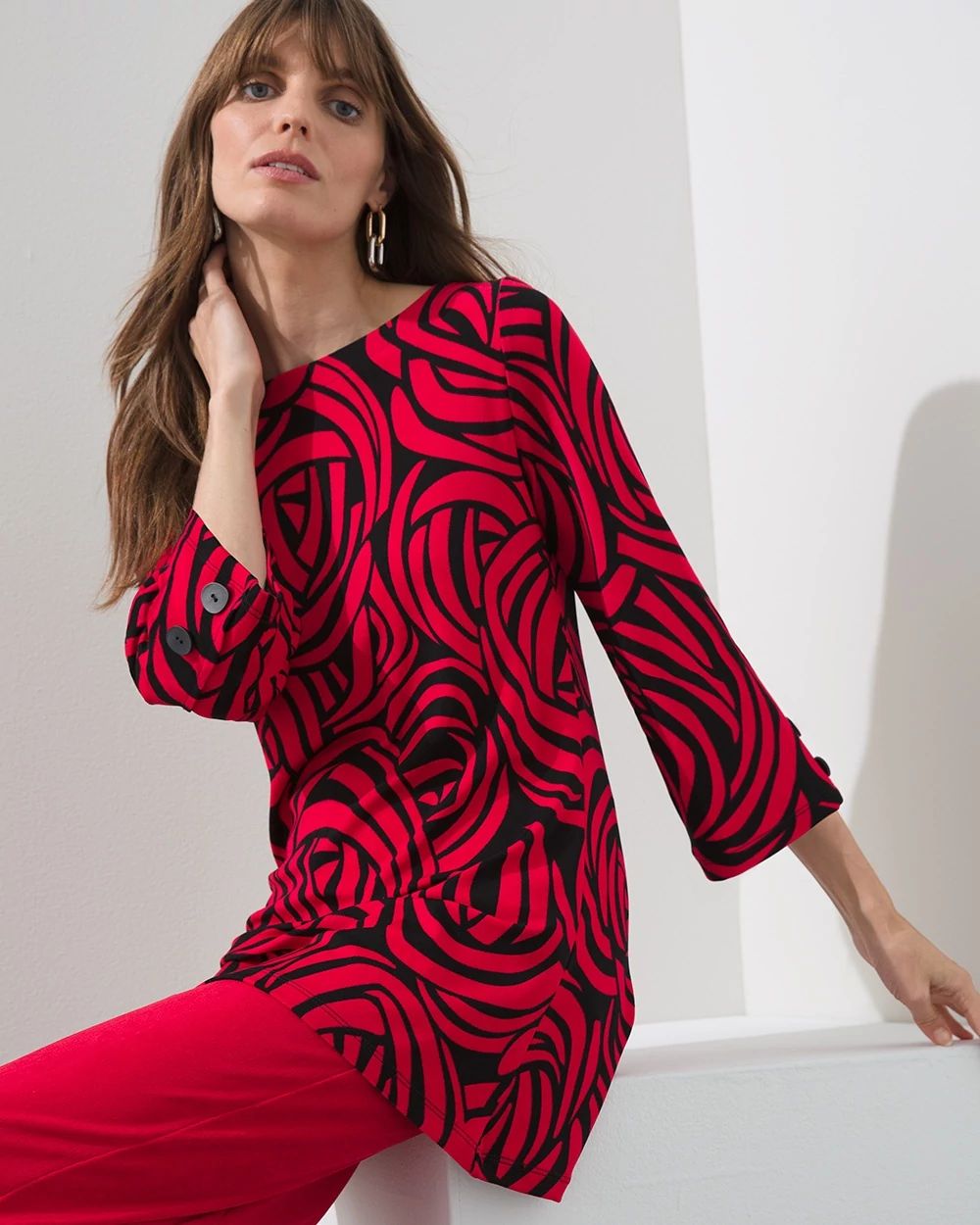 Travelers Print Button Sleeve Tunic