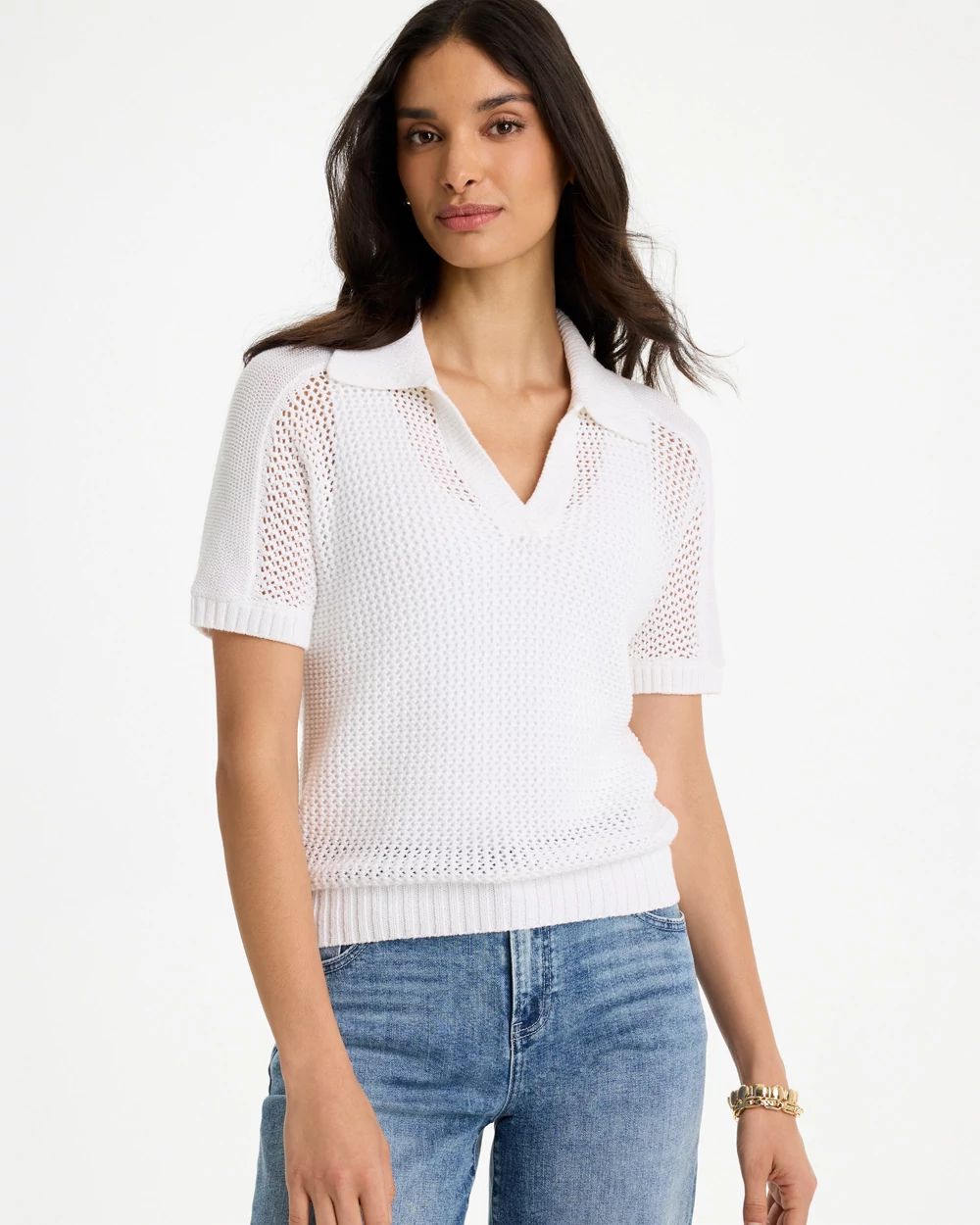 Sequin Pointelle Pullover Polo Sweater