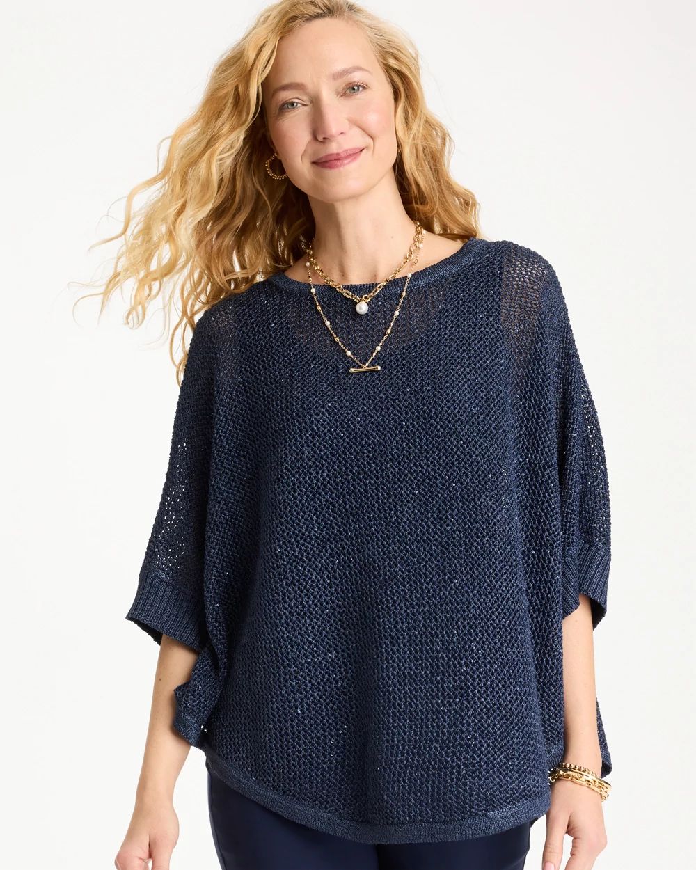 Sequin Boatneck Rounded Hem Poncho