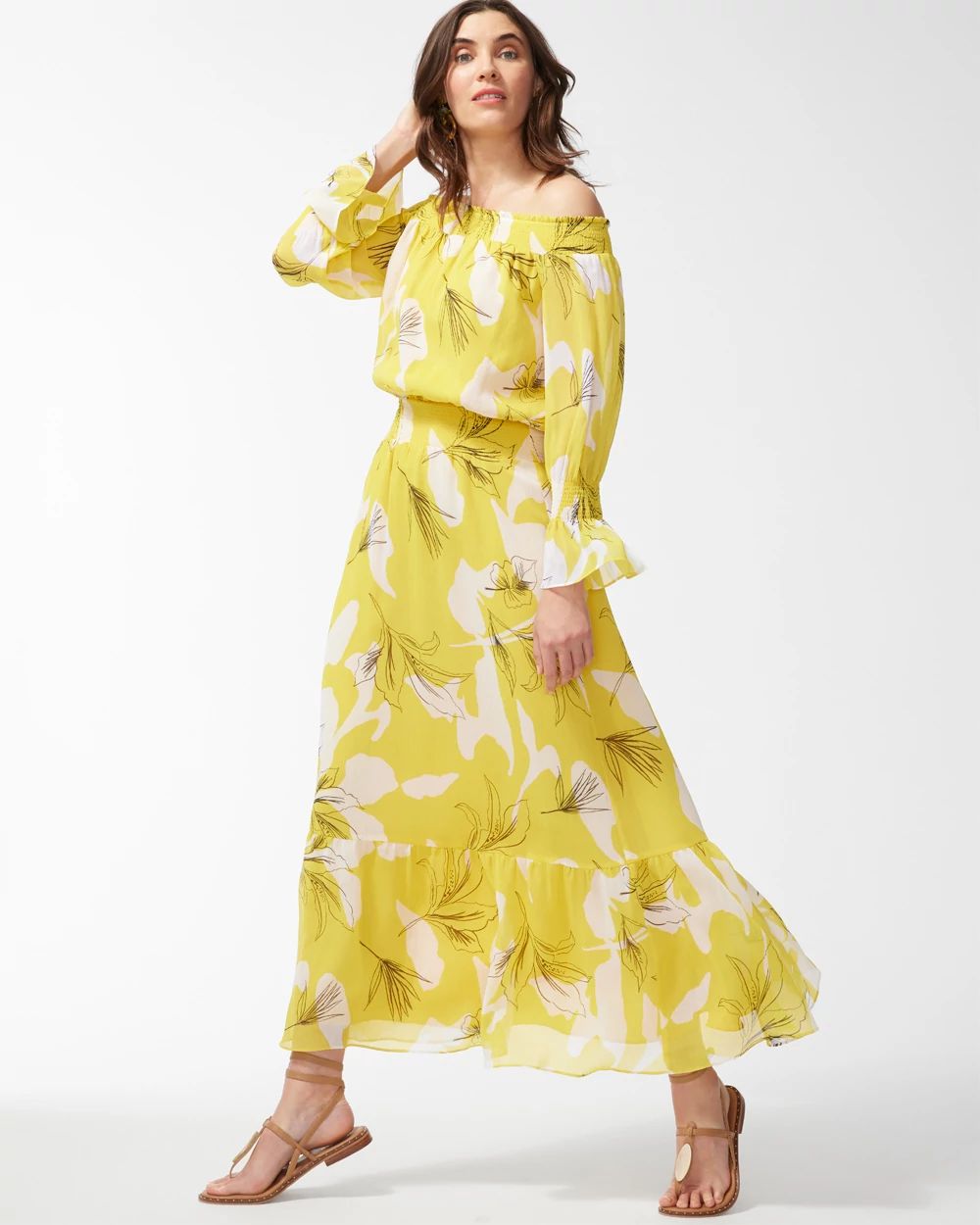 Chiffon Off Shoulder Yellow Maxi Dress